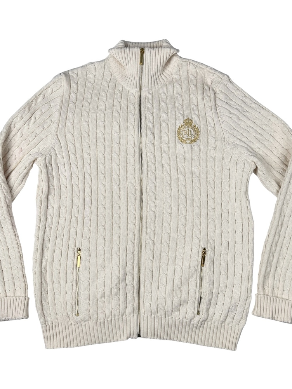 Lauren Ralph Lauren Cream Cable Knit Full Zip Crest Cardigan Sweater Jacket XL